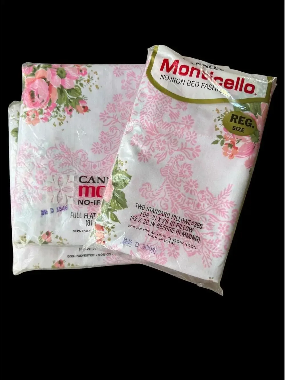 Vintage Cannon Monticello Two Full Flat Sheets Pillowcases Pink Roses Muslin NOS